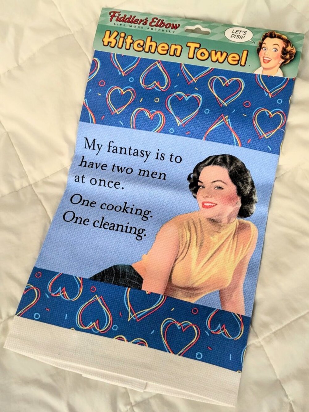 Retro Two Men Fantasy Blue Kitchen Towel Organic Cotton Funny Made In USA NWT - Picture 2 of 5
